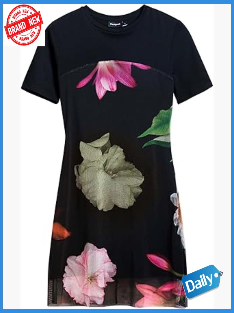 Mini Knit Dress With Floral Print, Short Sleeve, Crew Neck, Knee-Length